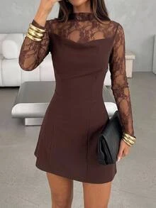 Aloruh Coffee Brown Party Cocktail Dress With Stand Collar, Lace Long Sleeve Patchwork, Mini A-Line Skirt For Women - Coffee Brown - View 2