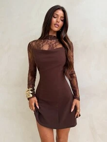 Aloruh Coffee Brown Party Cocktail Dress With Stand Collar, Lace Long Sleeve Patchwork, Mini A-Line Skirt For Women - Coffee Brown - View 7