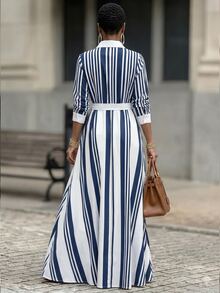 RosyDaze New Elegant Commuter Striped Long Dress For Womencasual Dresses For Women - Navy Blue - View 3