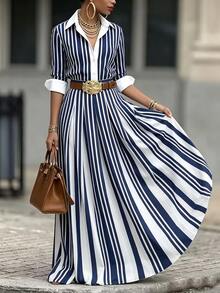 RosyDaze New Elegant Commuter Striped Long Dress For Womencasual Dresses For Women - Navy Blue - View 4