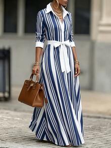 RosyDaze New Elegant Commuter Striped Long Dress For Womencasual Dresses For Women - Navy Blue - View 8