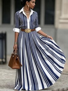 RosyDaze New Elegant Commuter Striped Long Dress For Womencasual Dresses For Women - Navy Blue - View 2