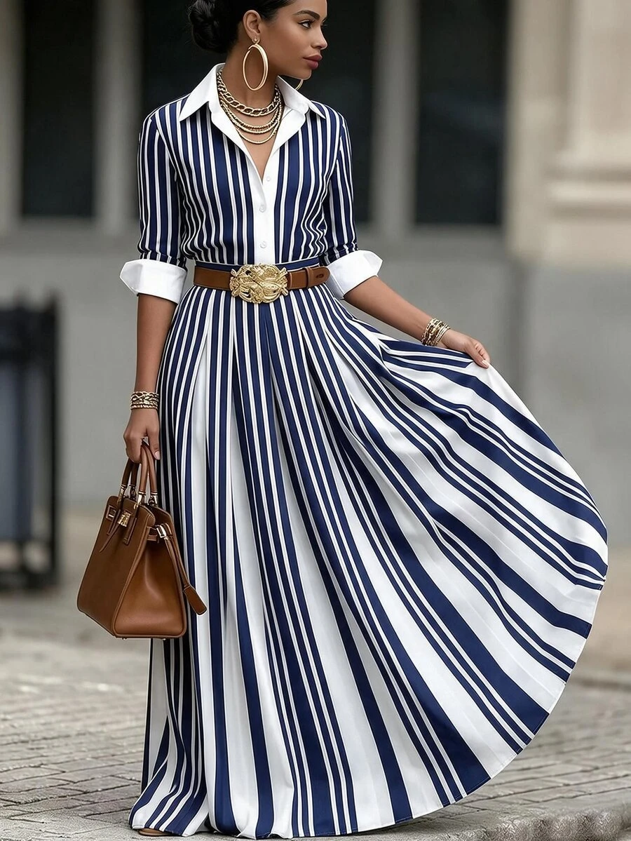 RosyDaze New Elegant Commuter Striped Long Dress For Womencasual Dresses For Women