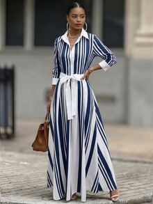 RosyDaze New Elegant Commuter Striped Long Dress For Womencasual Dresses For Women - Navy Blue - View 6
