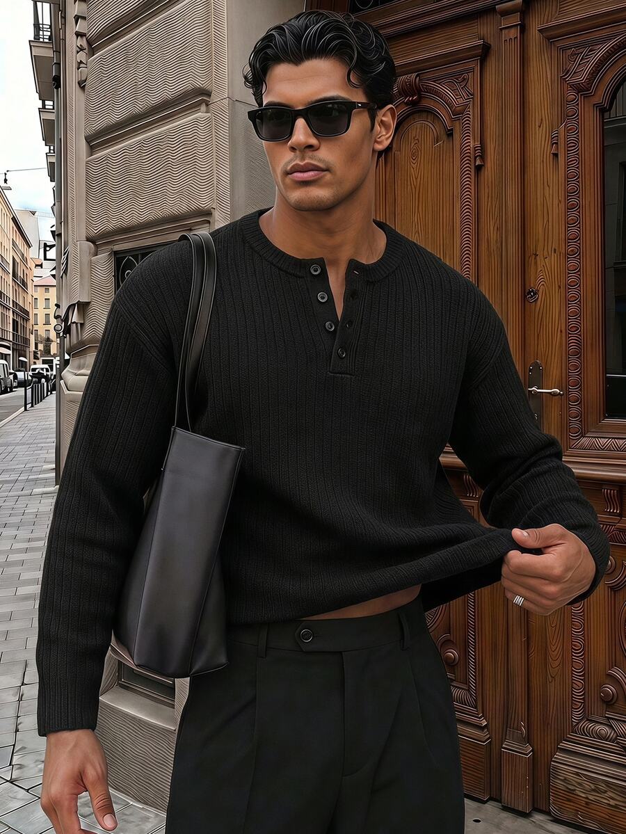 AXEPEAK Men's Solid Color Button Design Crew Neck Long Sleeve Casual Loose Fit Sweater - Black - View 1