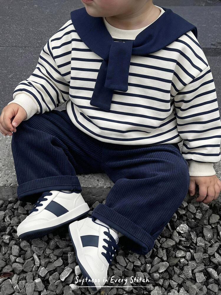 Cozy Pixies Baby Boys Hoodie & Sweatshirt Co-Ords Kids Striped, Nautical Style, Detachable Cape, Cute, Playful, Comfortable, Blue Corduroy Pants, Suitable For Autumn/Winter, Comfortable - Royal Blue - View 10