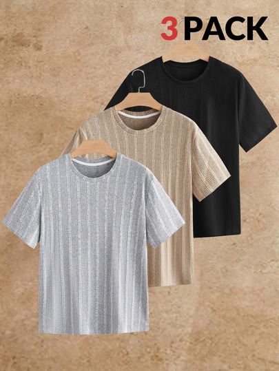 HIMLAND 3 Pack Men's Ribbed T-Shirt, Knitted Round Neck Short Sleeve Casual Top, Summer Going Out Vacation Father's Day Gifts, Football