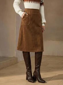 Wildy BOHO Casual Western Style Country Nomad Women's Suede Skirt, Autumn/Winter Daily Basic Outfit For Outings - Brown - View 1