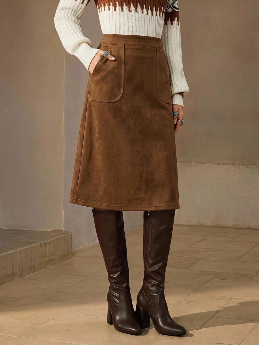 Wildy BOHO Casual Western Style Country Nomad Women's Suede Skirt, Autumn/Winter Daily Basic Outfit For Outings - Brown - View 1
