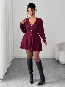 Elenzga 时尚优雅休闲珍珠纽扣 V 领长袖大码女式开衫毛衣，适合日常穿着 - 中紫紅色 - 查看 5