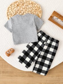SHEIN 2pcs Dozemod Newborn Baby Boy Casual Embroidery Graphic Round Neck Short Sleeve Top And Loose Plaid Print Pants Pajama Set - Black and White - View 2