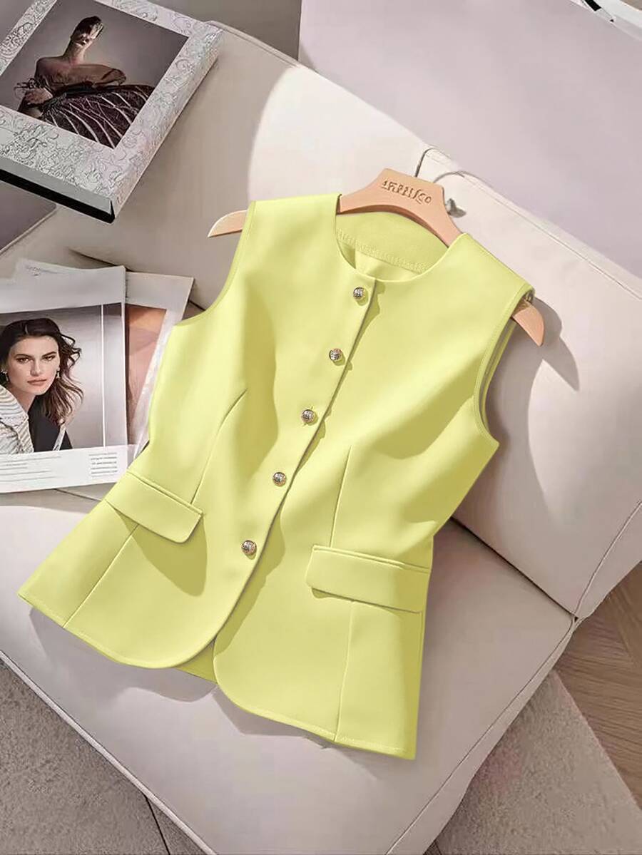 GlowEve Women's Solid Color Single-Breasted Fashionable Versatile Office Commute Vest Shirt - Yellow - View 1
