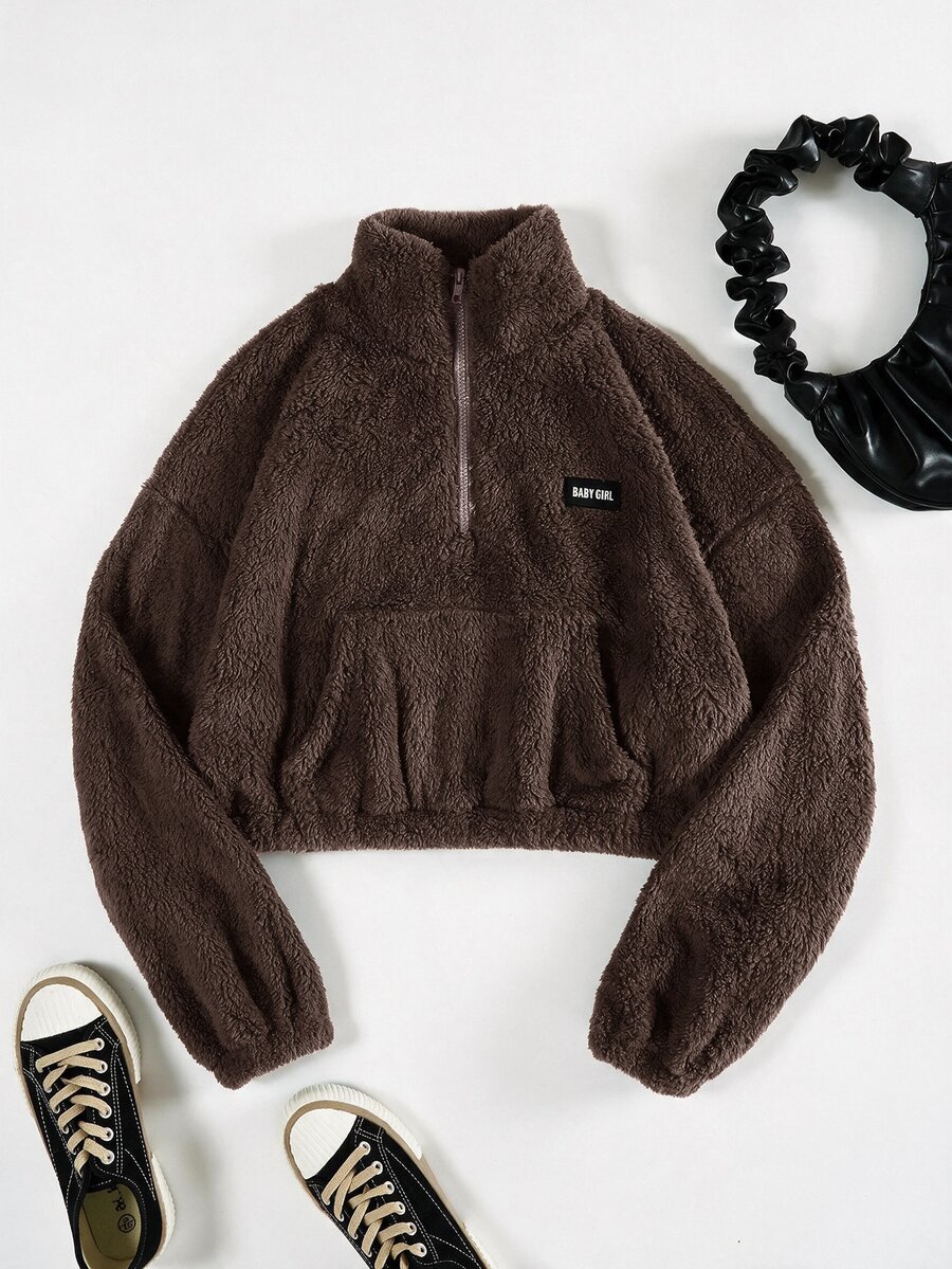 SHEIN EZwear 秋季女款半拉鍊深灰色刷毛運動衫，字母貼布設計，短版修身，校園假期休閒街頭風 - 棕色 - 查看 1