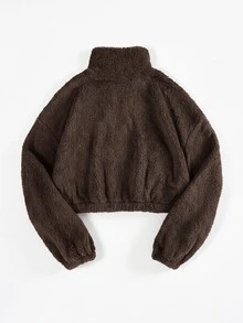 SHEIN EZwear 秋季女款半拉鍊深灰色刷毛運動衫，字母貼布設計，短版修身，校園假期休閒街頭風 - 棕色 - 查看 2