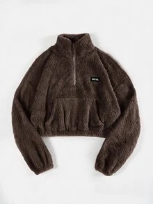 SHEIN EZwear 秋季女款半拉鍊深灰色刷毛運動衫，字母貼布設計，短版修身，校園假期休閒街頭風 - 棕色 - 查看 4