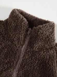 SHEIN EZwear 秋季女款半拉鍊深灰色刷毛運動衫，字母貼布設計，短版修身，校園假期休閒街頭風 - 棕色 - 查看 5