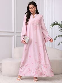 Al Najma Vestido árabe modesto con escote en V, apliques con ribete plateado, cinta decorada con cuentas y estampado floral - Rosa - Ver 6