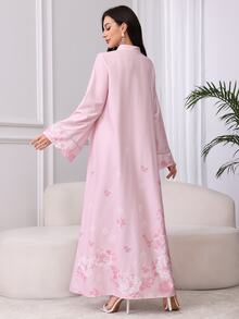 Al Najma Vestido árabe modesto con escote en V, apliques con ribete plateado, cinta decorada con cuentas y estampado floral - Rosa - Ver 3