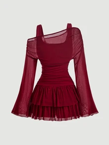SHEIN MOD Jumpsuit 2 in 1 dengan Bahu Asimetris dan Hem Berumbai Warna Burgundy - Burgundy - View 5