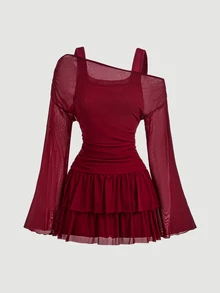 SHEIN MOD Jumpsuit 2 in 1 dengan Bahu Asimetris dan Hem Berumbai Warna Burgundy - Burgundy - View 2