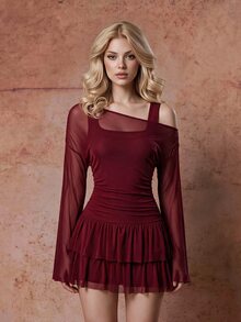 SHEIN MOD Jumpsuit 2 in 1 dengan Bahu Asimetris dan Hem Berumbai Warna Burgundy - Burgundy - View 6