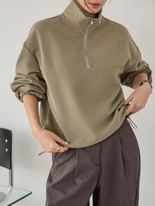 Dazy-Less Sweatshirt Wanita Kasual Minimalis Serbaguna Warna Polos untuk Bisnis, Musim Gugur, Sehari-hari, Perjalanan, Warna Hijau Zaitun - Hijau - View 3