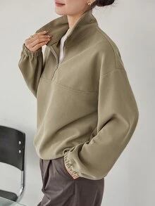 Dazy-Less Sweatshirt Wanita Kasual Minimalis Serbaguna Warna Polos untuk Bisnis, Musim Gugur, Sehari-hari, Perjalanan, Warna Hijau Zaitun - Hijau - View 5