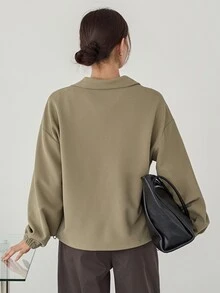 Dazy-Less Sweatshirt Wanita Kasual Minimalis Serbaguna Warna Polos untuk Bisnis, Musim Gugur, Sehari-hari, Perjalanan, Warna Hijau Zaitun - Hijau - View 2