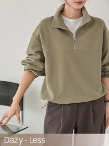Dazy-Less Sweatshirt Wanita Kasual Minimalis Serbaguna Warna Polos untuk Bisnis, Musim Gugur, Sehari-hari, Perjalanan, Warna Hijau Zaitun - Hijau - View 4