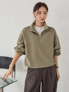 Dazy-Less Sweatshirt Wanita Kasual Minimalis Serbaguna Warna Polos untuk Bisnis, Musim Gugur, Sehari-hari, Perjalanan, Warna Hijau Zaitun - Hijau - View 1