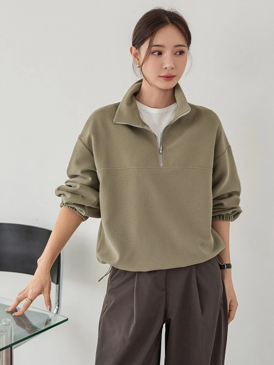 Dazy-Less Sweatshirt Wanita Kasual Minimalis Serbaguna Warna Polos untuk Bisnis, Musim Gugur, Sehari-hari, Perjalanan, Warna Hijau Zaitun - Hijau - View 1