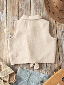 Emery Rose Kids Emery Rose Kids 少女款無袖鈕扣短版上衣，西式刺繡綁帶前襟設計，夏季鬆軟感背心上衣 - 卡其色 - 查看 9