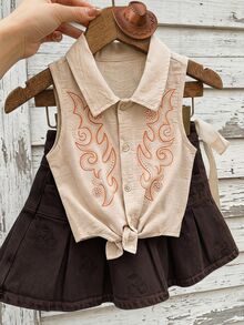 Emery Rose Kids Emery Rose Kids 少女款無袖鈕扣短版上衣，西式刺繡綁帶前襟設計，夏季鬆軟感背心上衣 - 卡其色 - 查看 4