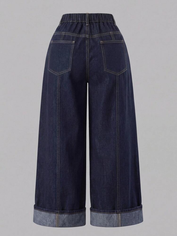SHEIN MOD Quần jeans ống rộng cạp cao xắn gấu màu xanh đậm size lớn, denim xanh đậm, trang phục công sở, thanh lịch, thường ngày, du lịch, công việc, phong cách đồng quê, phương Tây, Halloween, Giáng Sinh - Màu xanh lam - Xem 2