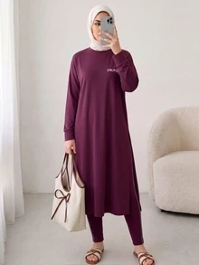 Solavon Women's Letter Print Long Sleeve Top And Leggings Casual Daily Sports Set - Burgundy - View 6