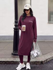 Solavon Women's Letter Print Long Sleeve Top And Leggings Casual Daily Sports Set - Burgundy - View 8