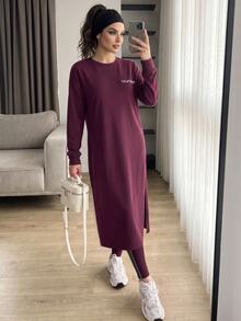 Solavon Women's Letter Print Long Sleeve Top And Leggings Casual Daily Sports Set - Burgundy - View 2