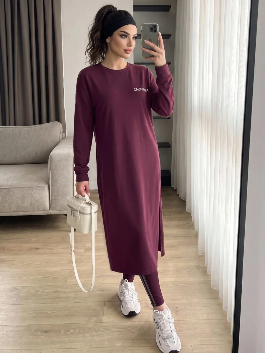 Solavon Women's Letter Print Long Sleeve Top And Leggings Casual Daily Sports Set