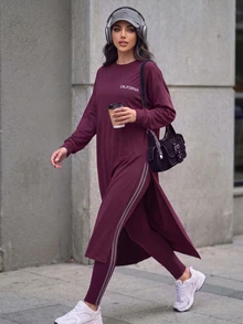 Solavon Women's Letter Print Long Sleeve Top And Leggings Casual Daily Sports Set - Burgundy - View 5