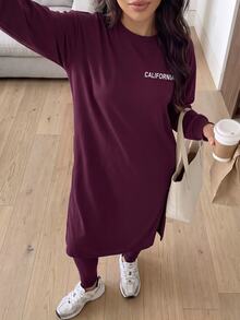 Solavon Women's Letter Print Long Sleeve Top And Leggings Casual Daily Sports Set - Burgundy - View 7