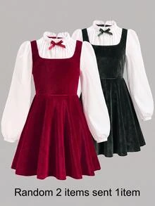 SHEIN ChillGRL Streecool 青少年女孩休閒可愛優雅大學風純色拼接長袖休閒短洋裝 派對穿搭 白色紅色 秋冬聖誕 - 酒紅色 - 查看 8