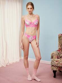 Elorette Women's Lace Patchwork Spaghetti Strap Bra And Triangle Panty Sexy Lingerie Set - Pink - View 4
