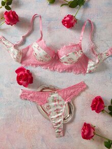 Elorette Women's Lace Patchwork Spaghetti Strap Bra And Triangle Panty Sexy Lingerie Set - Pink - View 1
