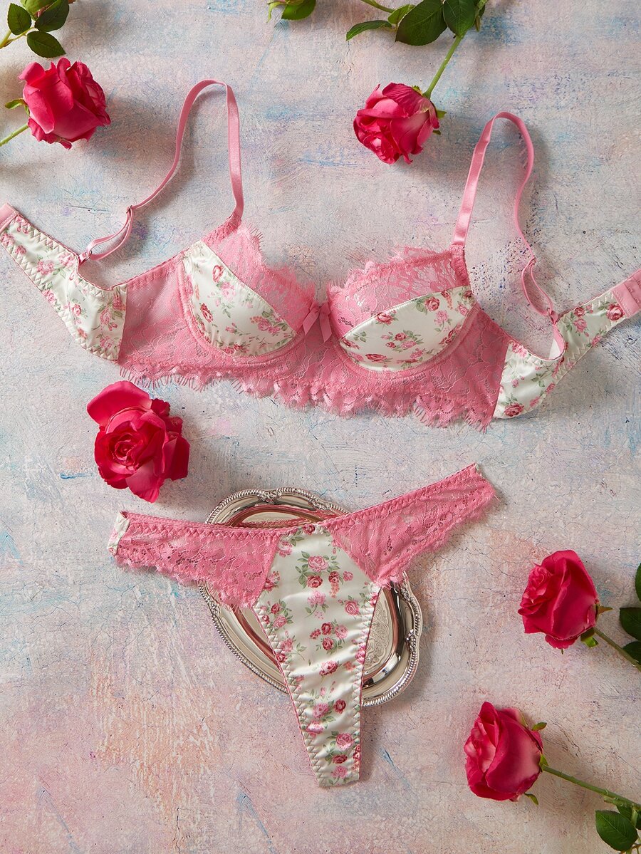 Elorette Women's Lace Patchwork Spaghetti Strap Bra And Triangle Panty Sexy Lingerie Set - Pink - View 1