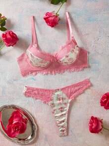 Elorette Women's Lace Patchwork Spaghetti Strap Bra And Triangle Panty Sexy Lingerie Set - Pink - View 6