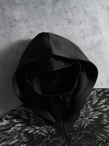 ROMWE MEN Goth 男士翅膀印花圖案雙層寬鬆連帽衛衣 - 黑色 - 查看 2