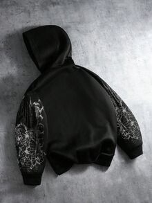 ROMWE MEN Goth 男士翅膀印花圖案雙層寬鬆連帽衛衣 - 黑色 - 查看 3