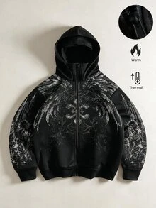 ROMWE MEN Goth 男士翅膀印花圖案雙層寬鬆連帽衛衣 - 黑色 - 查看 7