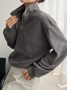 Dazy-Less Women's Grey Hooded Drawstring Long Sleeve Loose Solid Color Front Pocket Casual Pullover Sweatshirt, Autumn/Winter Hoodies - Grey - View 5