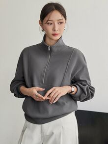 Dazy-Less Women's Grey Hooded Drawstring Long Sleeve Loose Solid Color Front Pocket Casual Pullover Sweatshirt, Autumn/Winter Hoodies - Grey - View 7